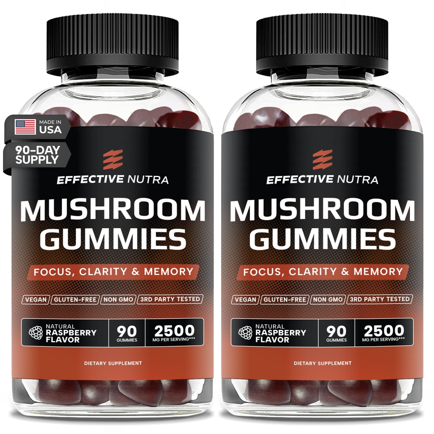 Effective Nutra Mushroom Gummies 2500mg - 10-in-1 Lion’s Mane, Reishi, Chaga, Cordyceps & More - Focus, Clarity, Memory - Raspberry Flavor, Vegan, Made in USA (2-Pack)