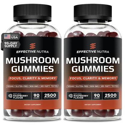 Effective Nutra Mushroom Gummies 2500mg - 10-in-1 Lion’s Mane, Reishi, Chaga, Cordyceps & More - Focus, Clarity, Memory - Raspberry Flavor, Vegan, Made in USA (2-Pack)