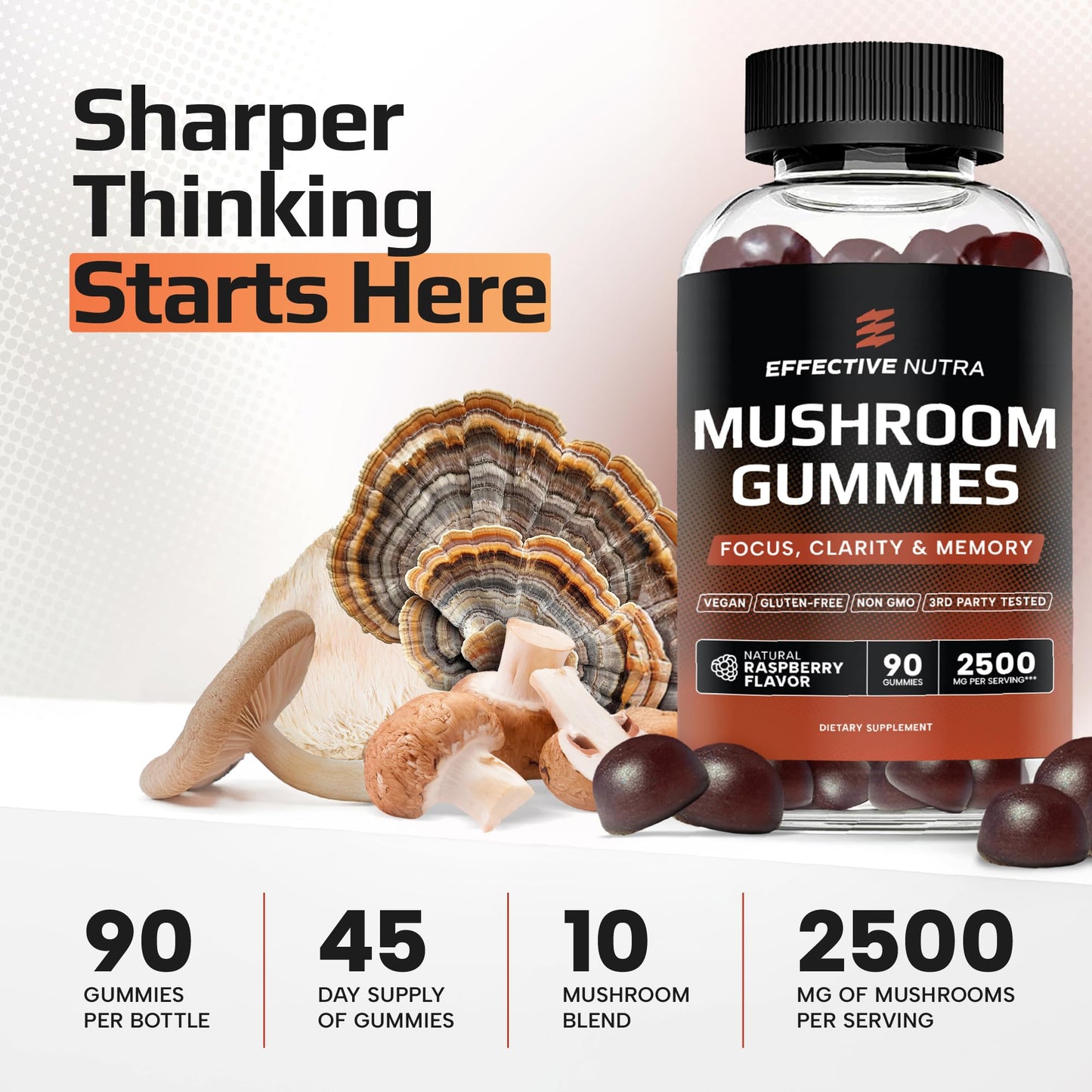 Effective Nutra Mushroom Gummies 2500mg - 10-in-1 Lion’s Mane, Reishi, Chaga, Cordyceps & More - Focus, Clarity, Memory - Raspberry Flavor, Vegan, Made in USA (2-Pack)