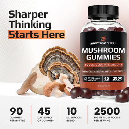 Effective Nutra Mushroom Gummies 2500mg - 10-in-1 Lion’s Mane, Reishi, Chaga, Cordyceps & More - Focus, Clarity, Memory - Raspberry Flavor, Vegan, Made in USA (2-Pack)