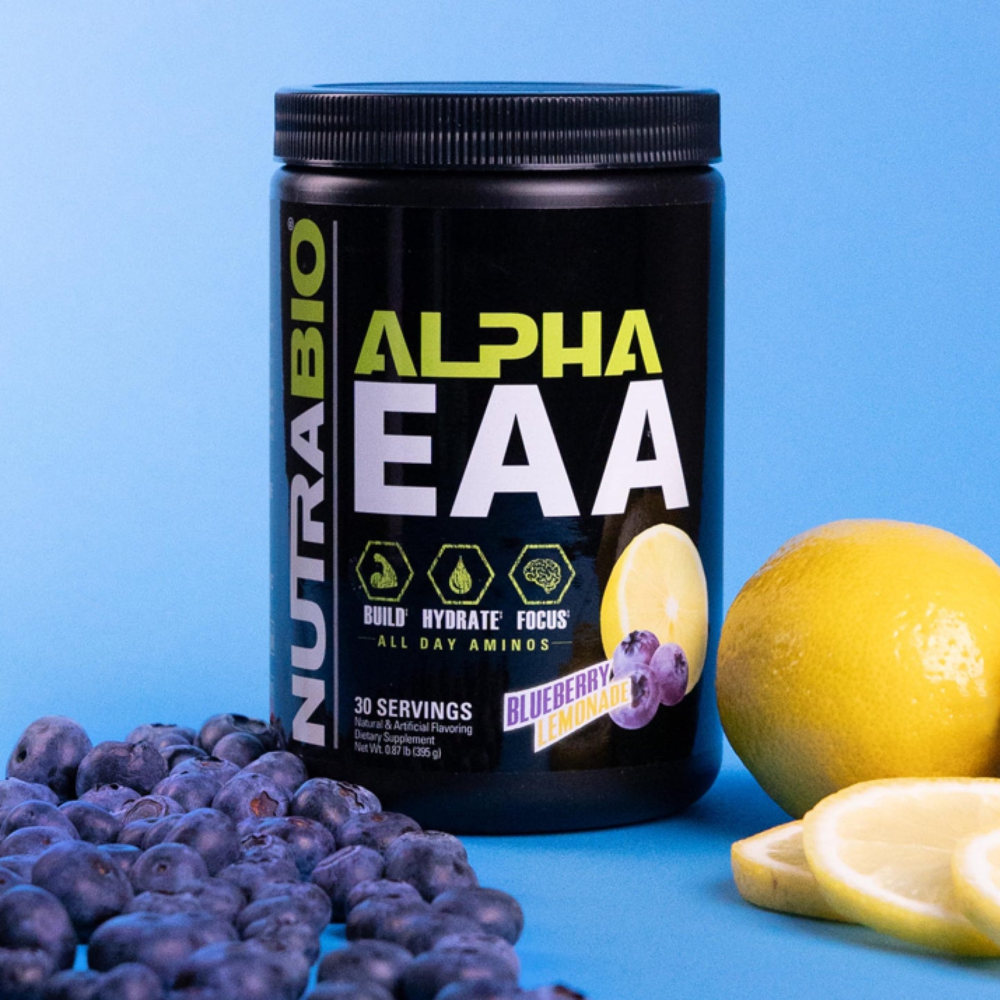 NutraBio Alpha EAA – All-Day Essential Amino Acids with Nootropics & Adaptogens | 30 Servings, Blueberry Lemonade