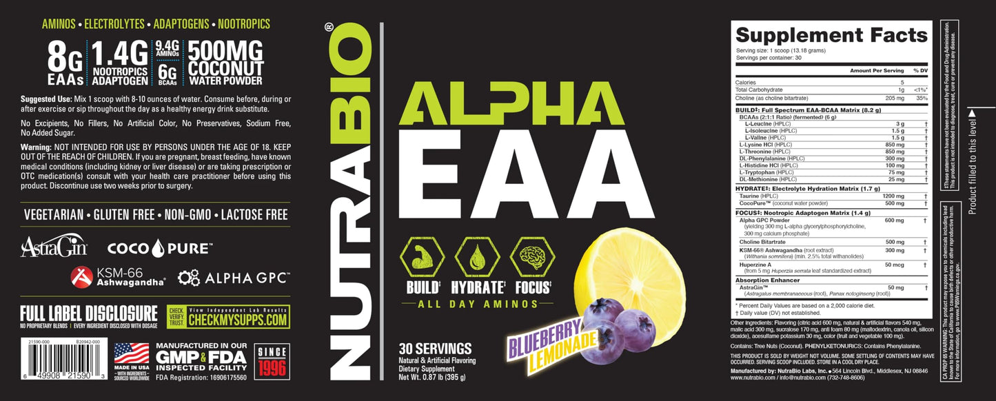 NutraBio Alpha EAA – All-Day Essential Amino Acids with Nootropics & Adaptogens | 30 Servings, Blueberry Lemonade