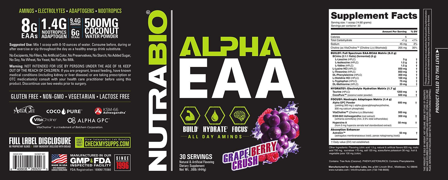 NutraBio Alpha EAA - All-Day Essential Amino Acids with Nootropics & Adaptogens, Grape Berry Crush