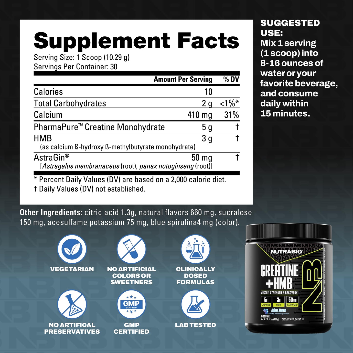 NutraBio Creatine + HMB Powder | Creatine Monohydrate with HMB for Muscle Growth – 30 Servings (Blue Razz)