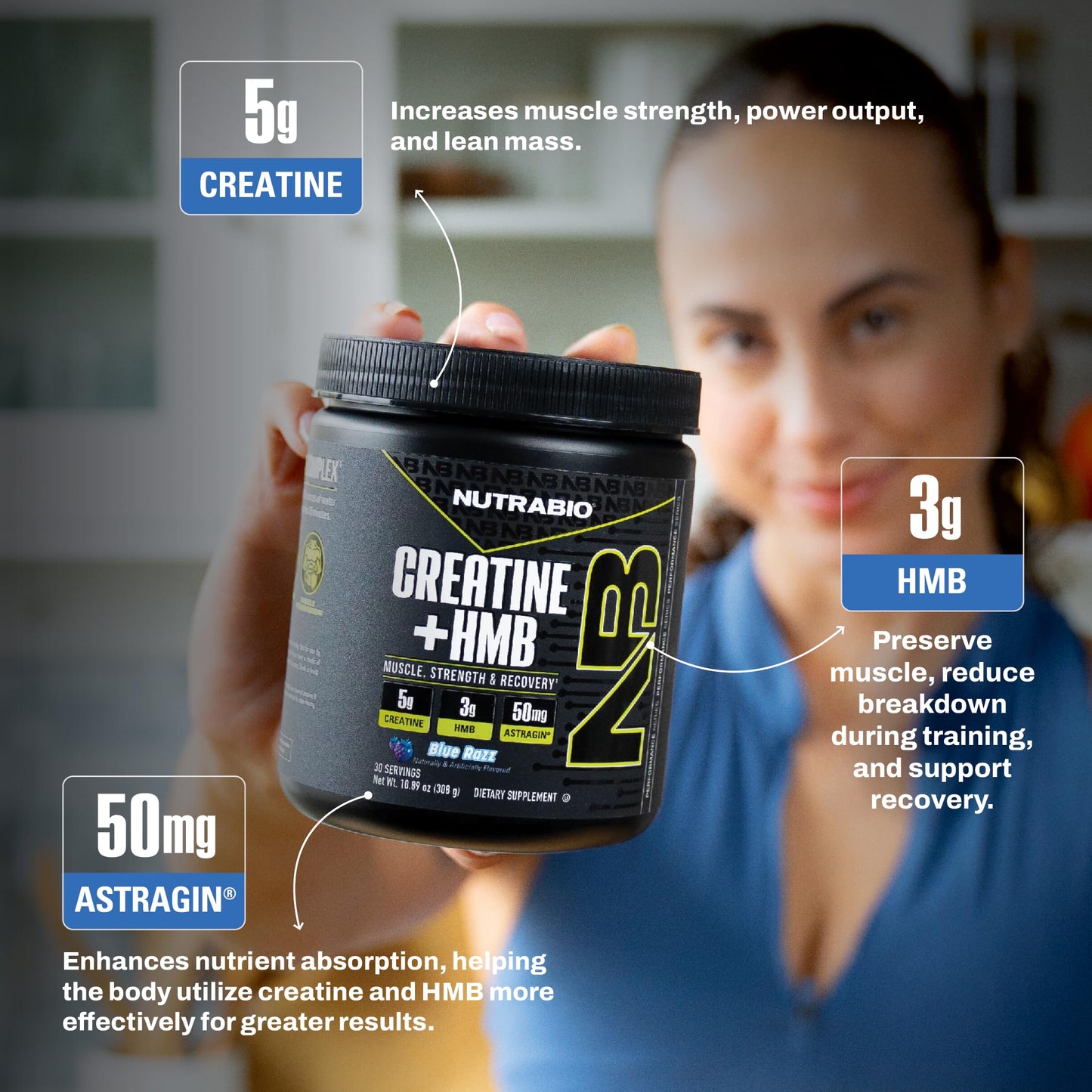 NutraBio Creatine + HMB Powder | Creatine Monohydrate with HMB for Muscle Growth – 30 Servings (Blue Razz)