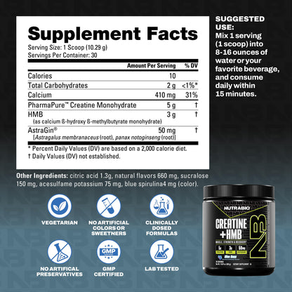 NutraBio Creatine + HMB Powder | Creatine Monohydrate with HMB for Muscle Growth – 30 Servings (Blue Razz)