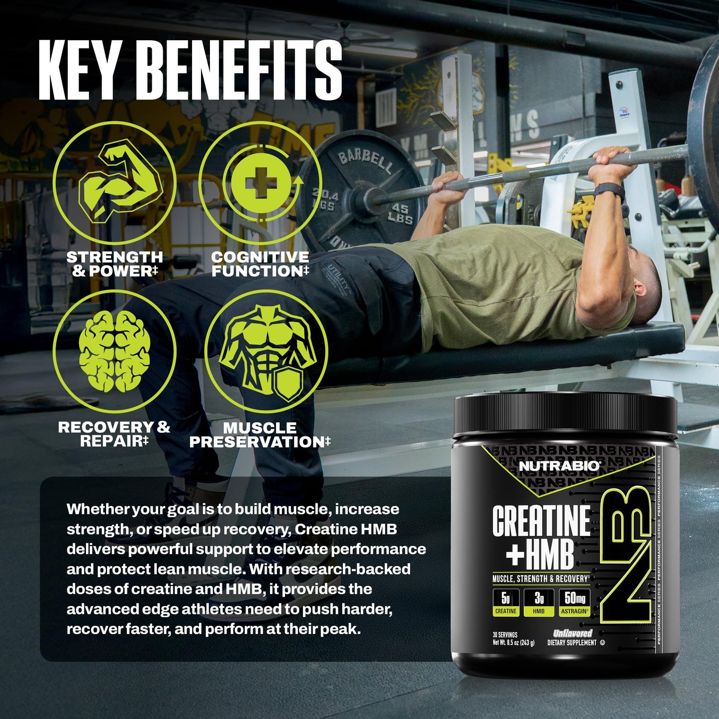 NutraBio Creatine + HMB – Creatine Monohydrate with HMB Powder for Muscle Growth & Strength, 30 Servings (Unflavored)