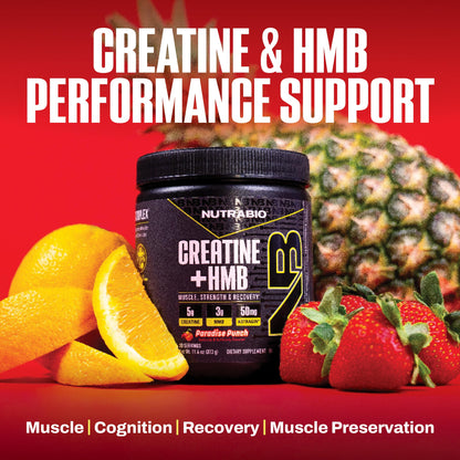 NutraBio Creatine + HMB Powder – Creatine Monohydrate + HMB (Paradise Punch) 30 Servings