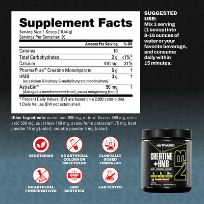 NutraBio Creatine + HMB Powder – Creatine Monohydrate + HMB (Paradise Punch) 30 Servings