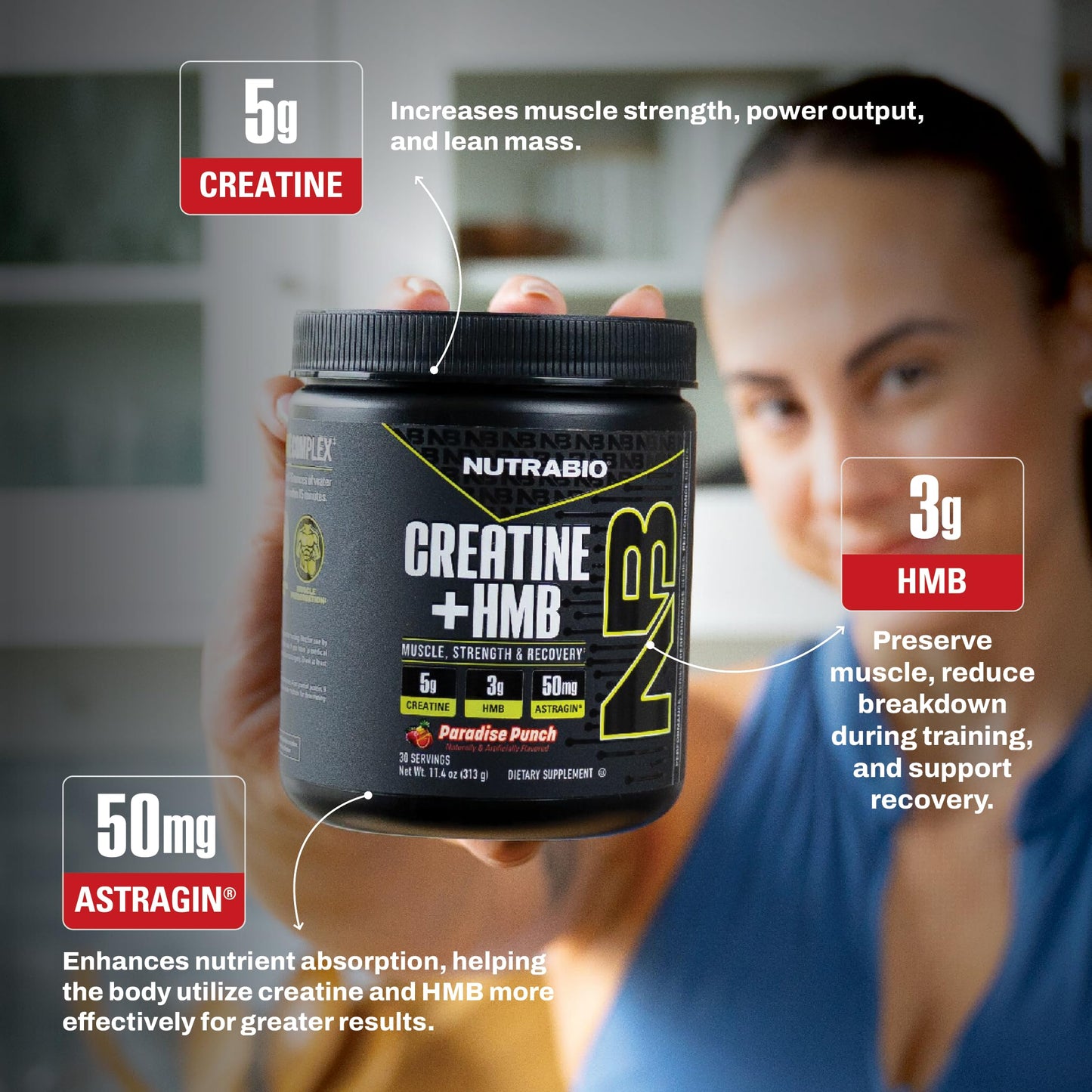 NutraBio Creatine + HMB Powder – Creatine Monohydrate + HMB (Paradise Punch) 30 Servings