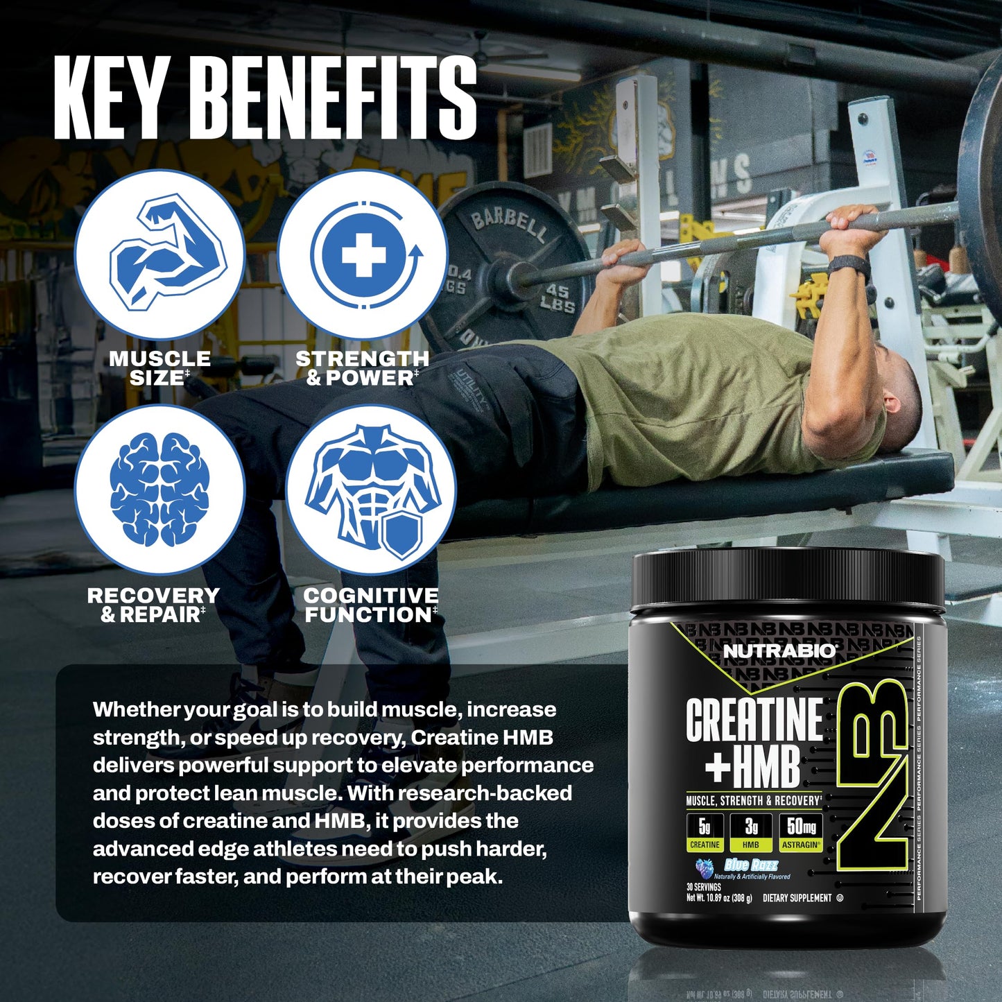 NutraBio Creatine + HMB Powder | Creatine Monohydrate with HMB for Muscle Growth – 30 Servings (Blue Razz)