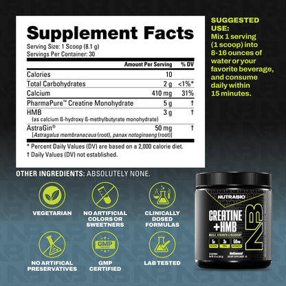 NutraBio Creatine + HMB – Creatine Monohydrate with HMB Powder for Muscle Growth & Strength, 30 Servings (Unflavored)