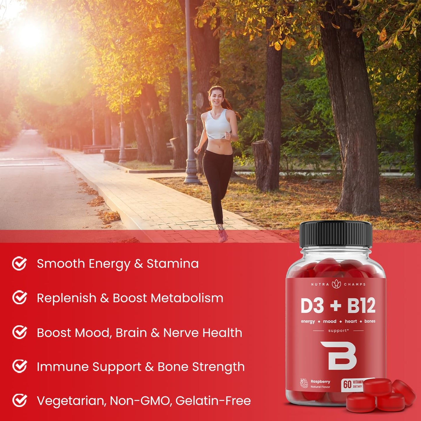 NutraChamps Vitamin D3 & B12 Gummies - Methyl B12, Raspberry, 60 Gummies