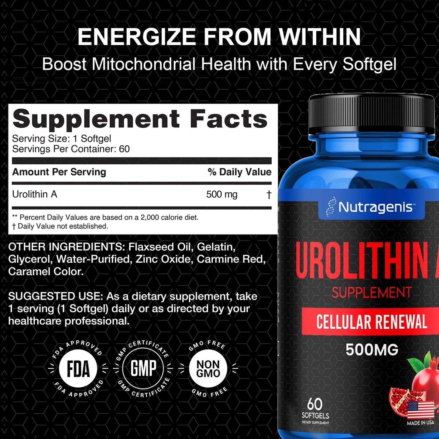 Nutragenis Urolithin A 500mg Softgels – Advanced Mitochondrial Support
