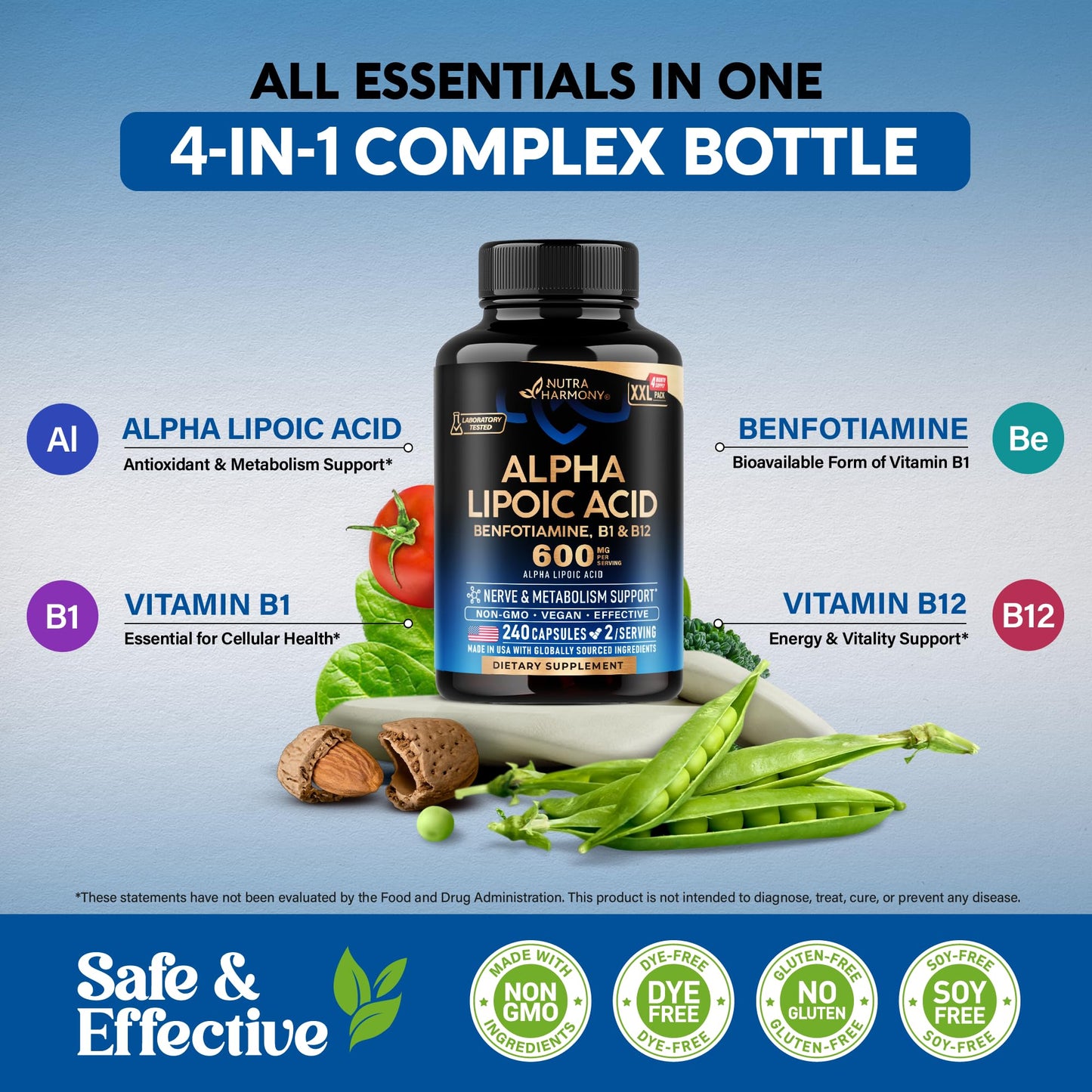 Nutraharmony Alpha Lipoic Acid 600mg – Extra Strength ALA with Benfotiamine, B1 & B12 (240 Veg Capsules)
