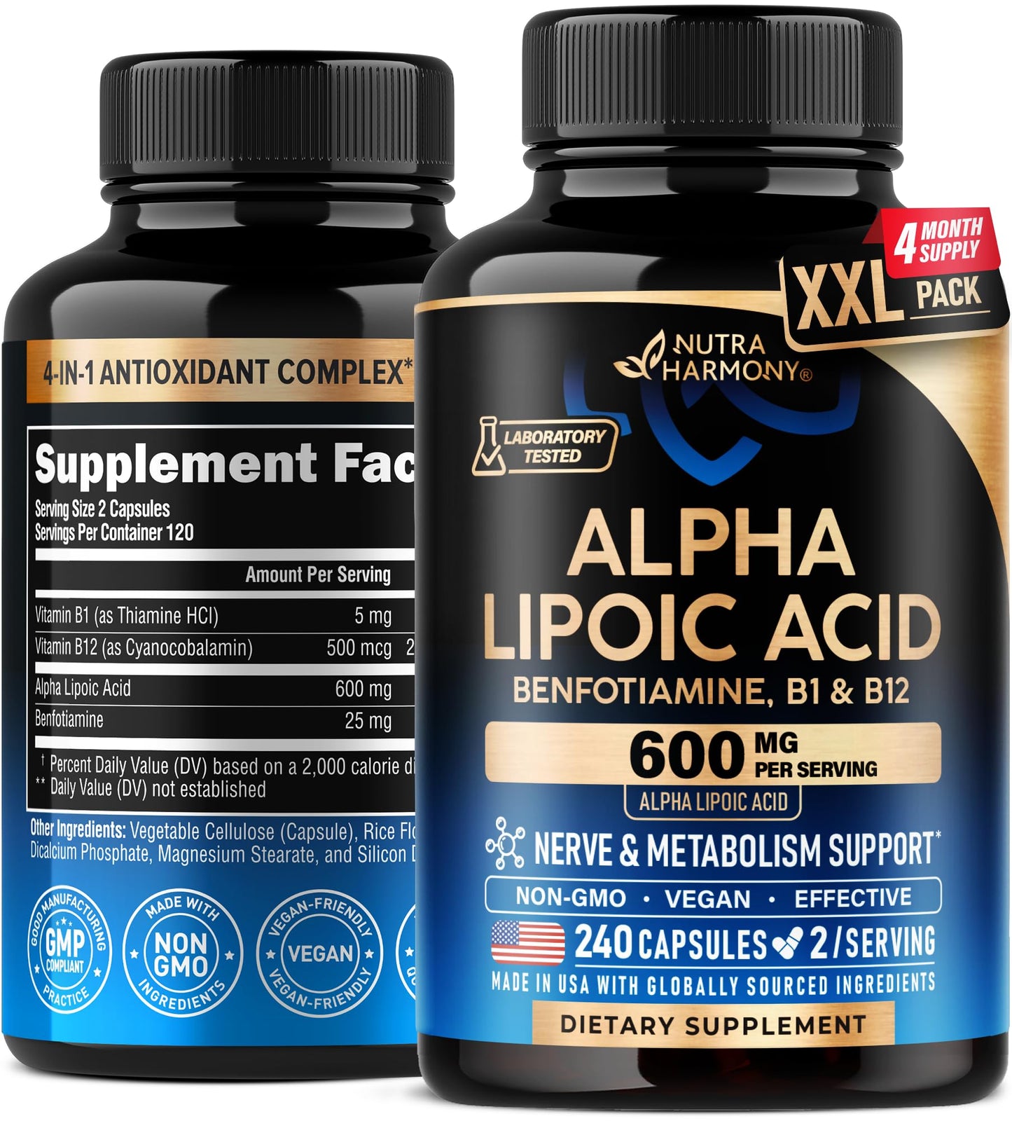Nutraharmony Alpha Lipoic Acid 600mg – Extra Strength ALA with Benfotiamine, B1 & B12 (240 Veg Capsules)