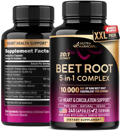 NutraHarmony Beet Root 5-in-1 Complex Capsules — Heart Health & Blood Pressure Support — 240 Capsules, Made in USA