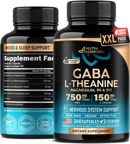 NUTRAHARMONY GABA L-Theanine 900mg – Made in USA | Magnesium & Vitamin B6 | Calm, Sleep & Mood Support – 240 Capsules
