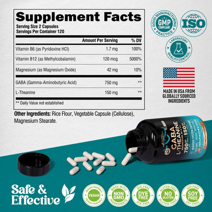 NUTRAHARMONY GABA L-Theanine 900mg – Made in USA | Magnesium & Vitamin B6 | Calm, Sleep & Mood Support – 240 Capsules