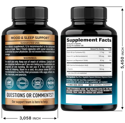 NUTRAHARMONY GABA L-Theanine 900mg – Made in USA | Magnesium & Vitamin B6 | Calm, Sleep & Mood Support – 240 Capsules