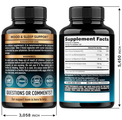 NUTRAHARMONY GABA L-Theanine 900mg – Made in USA | Magnesium & Vitamin B6 | Calm, Sleep & Mood Support – 240 Capsules