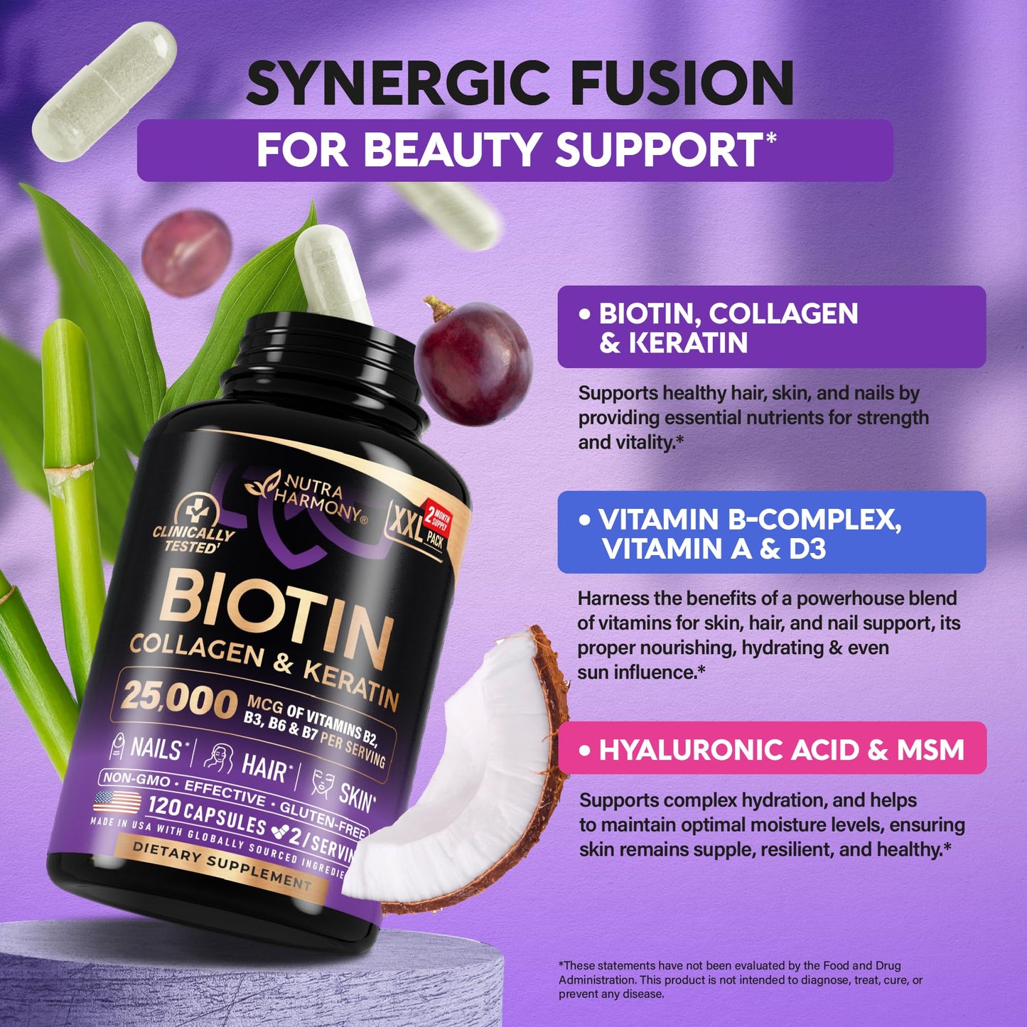 Nutraharmony Biotin + Collagen + Keratin with Hyaluronic Acid — Hair, Skin & Nails Support, 25,000 mcg Biotin, 120 Capsules, Made in USA
