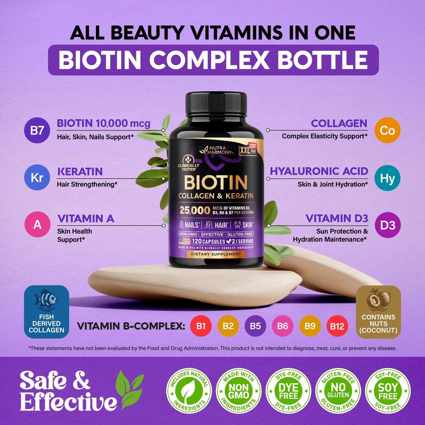 Nutraharmony Biotin + Collagen + Keratin with Hyaluronic Acid — Hair, Skin & Nails Support, 25,000 mcg Biotin, 120 Capsules, Made in USA