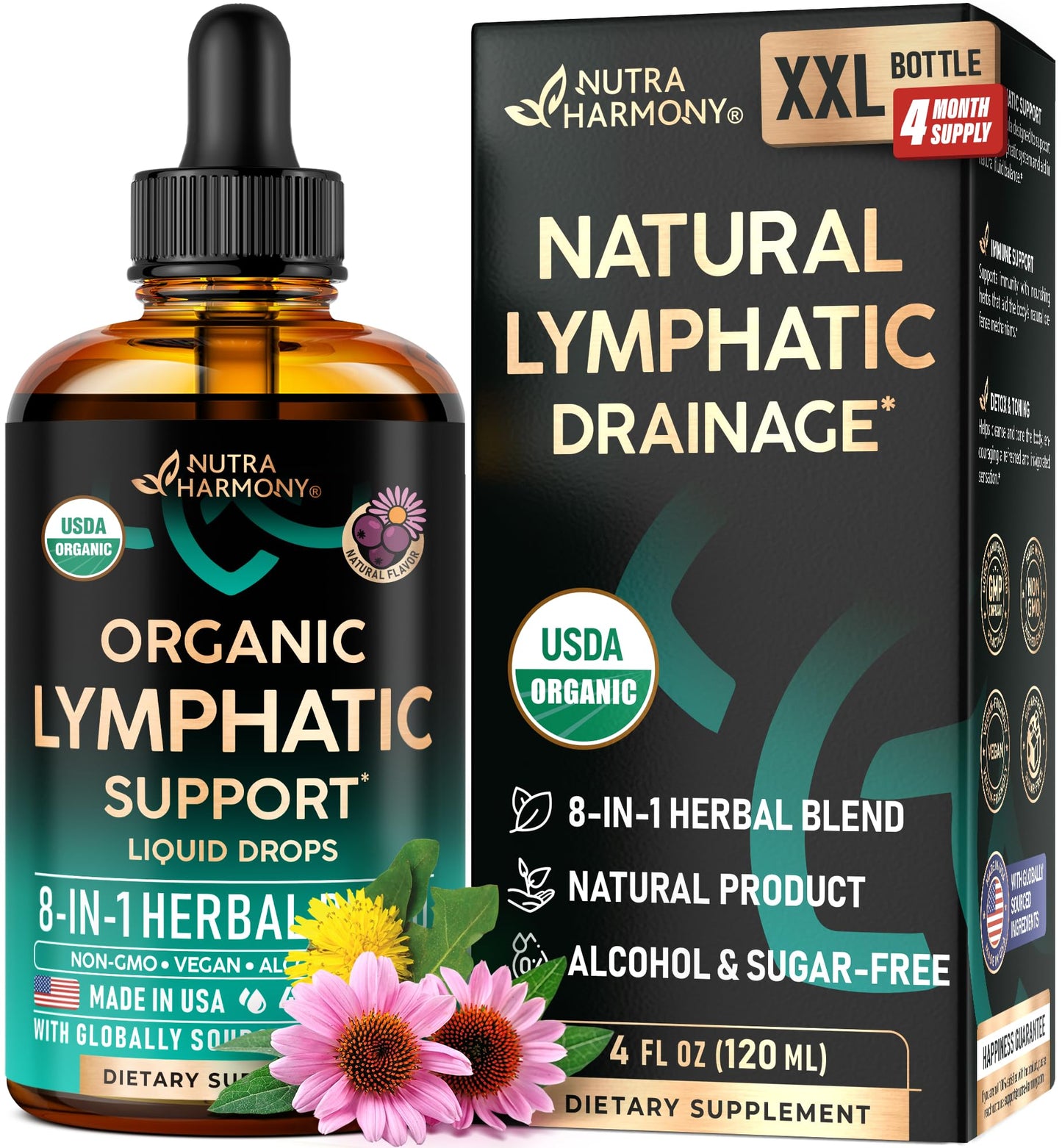 NutraHarmony USDA Organic Lymphatic Drainage Drops - Echinacea, Elderberry & Dandelion | Immune Support & Detox (4 fl oz)