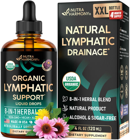 NutraHarmony USDA Organic Lymphatic Drainage Drops - Echinacea, Elderberry & Dandelion | Immune Support & Detox (4 fl oz)