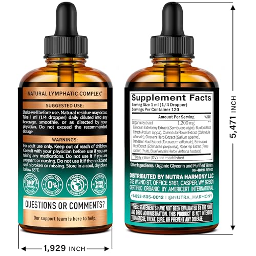 NutraHarmony USDA Organic Lymphatic Drainage Drops - Echinacea, Elderberry & Dandelion | Immune Support & Detox (4 fl oz)