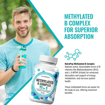 NutraPep Methylated B Complex Vitamins | 11-in-1 Bioactive B9 5-MTHF | Vegan