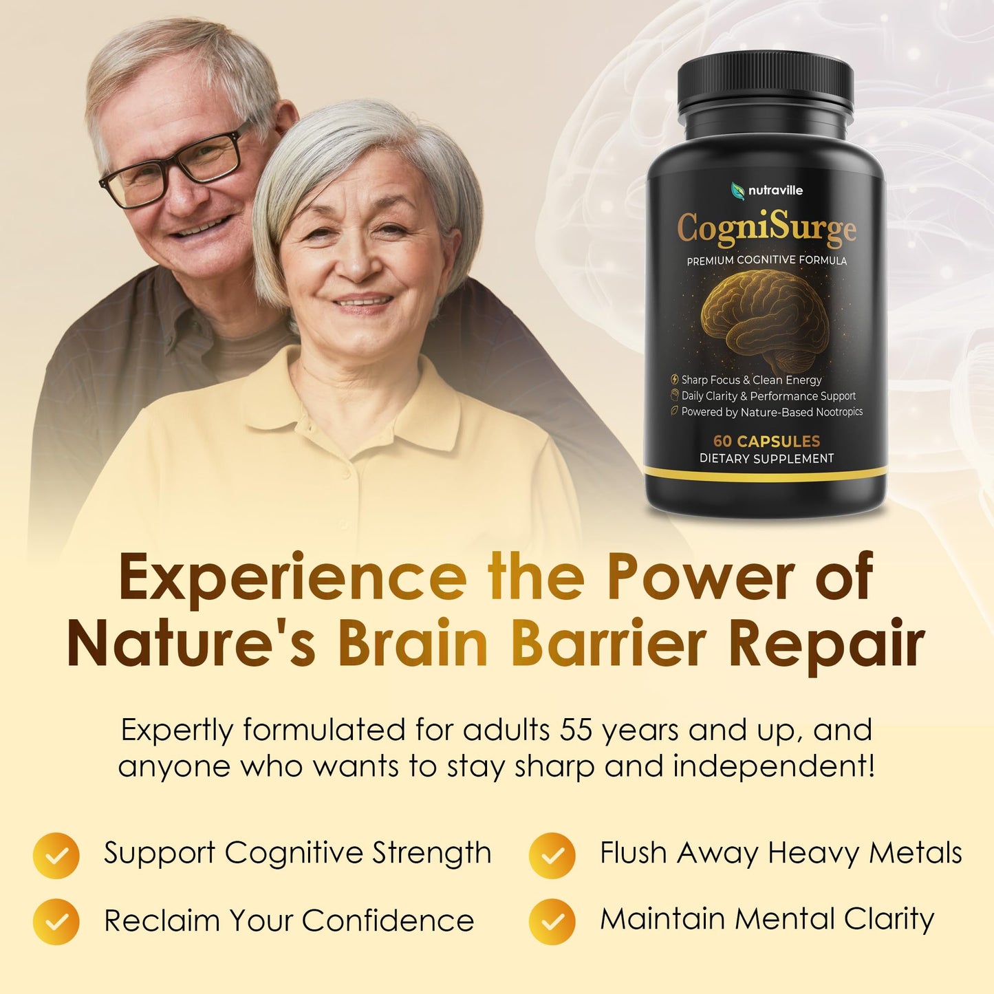 Nutraville CogniSurge Nootropics – Brain Support for Memory & Focus | Lion's Mane, Shilajit | Caffeine-Free – 3 Pack