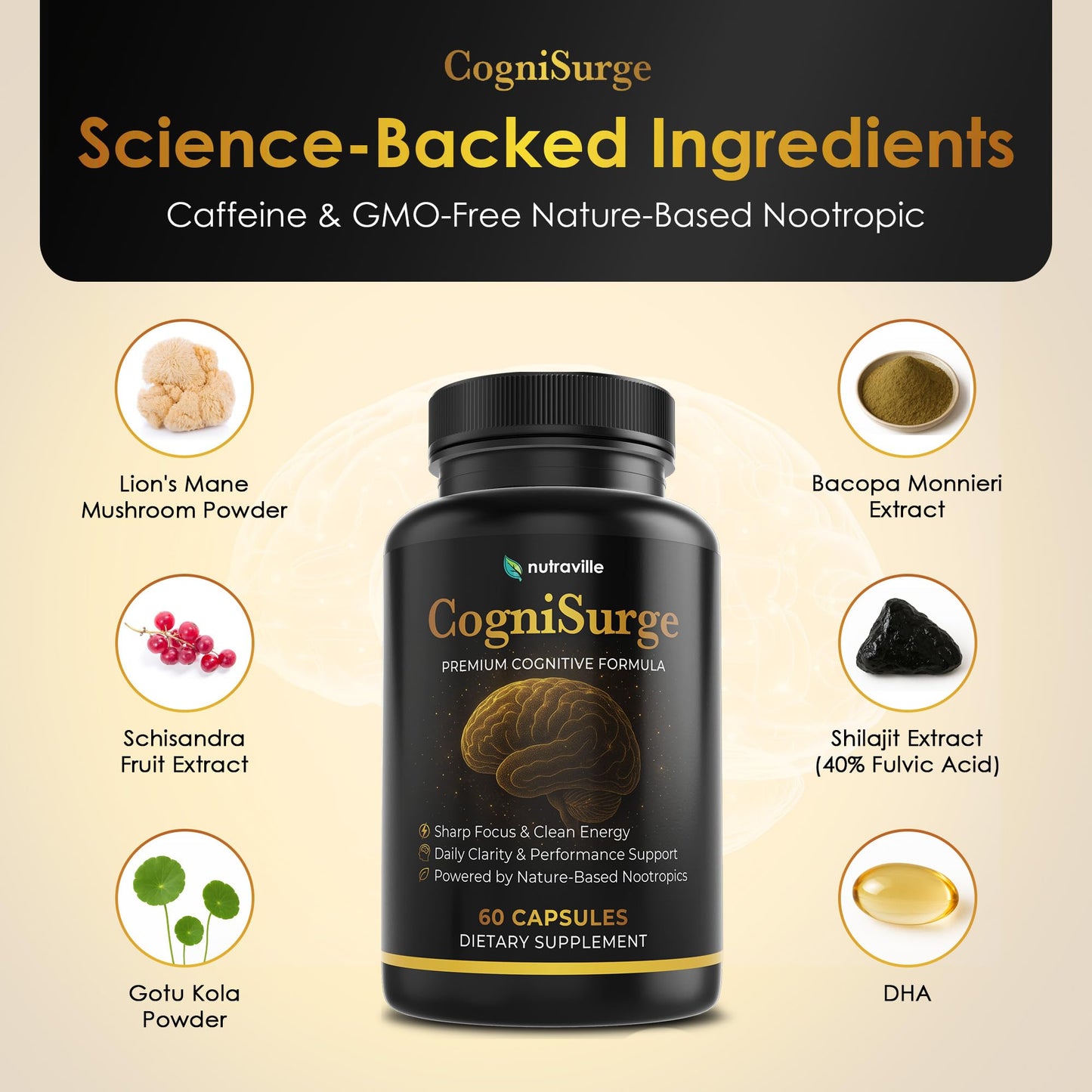 Nutraville CogniSurge Nootropics – Brain Support for Memory & Focus | Lion's Mane, Shilajit | Caffeine-Free – 3 Pack