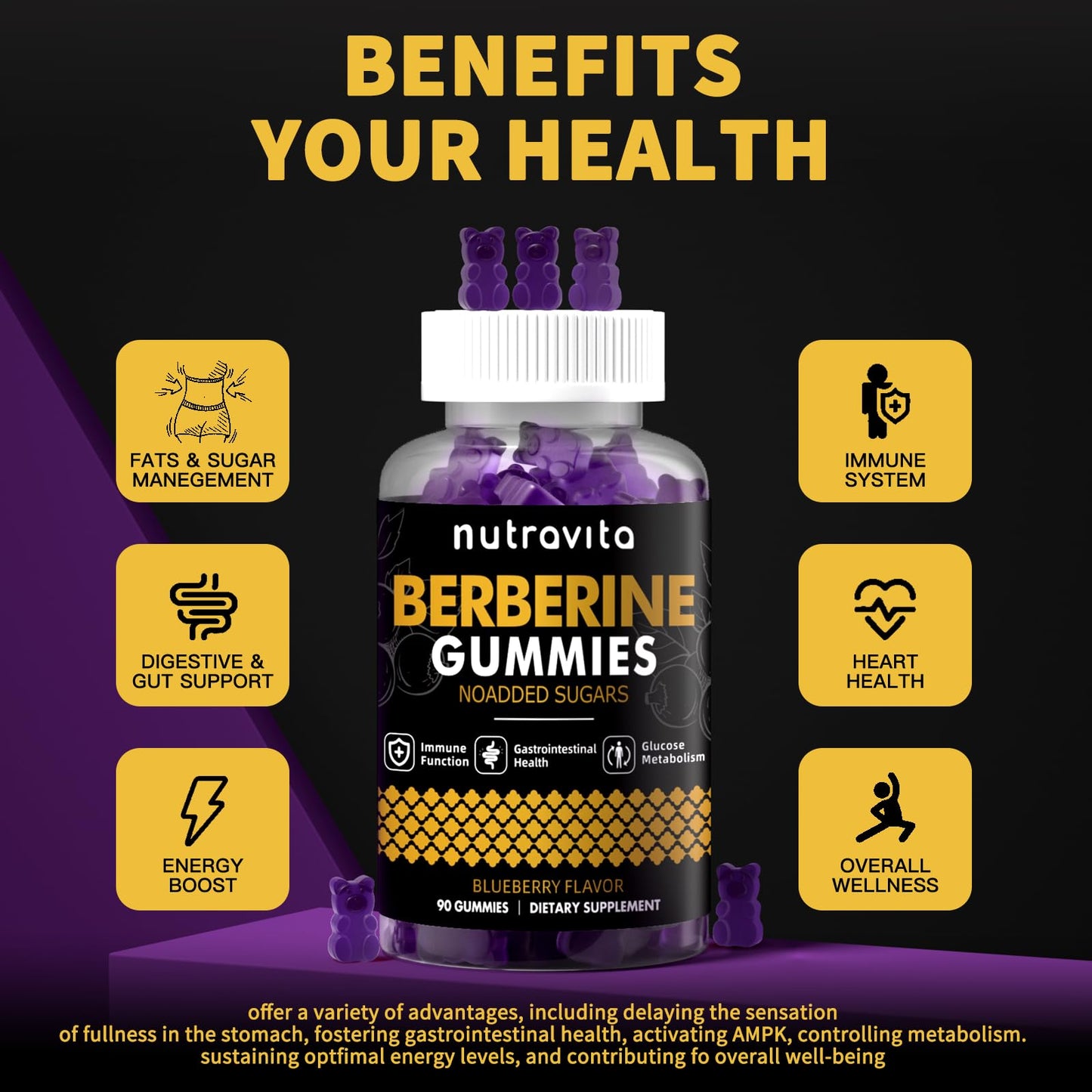 Nutravita Berberine Gummies with Ceylon Cinnamon - 1500mg Berberine HCl | Immune & Metabolism Support | Sugar Free Blueberry 1 Pack