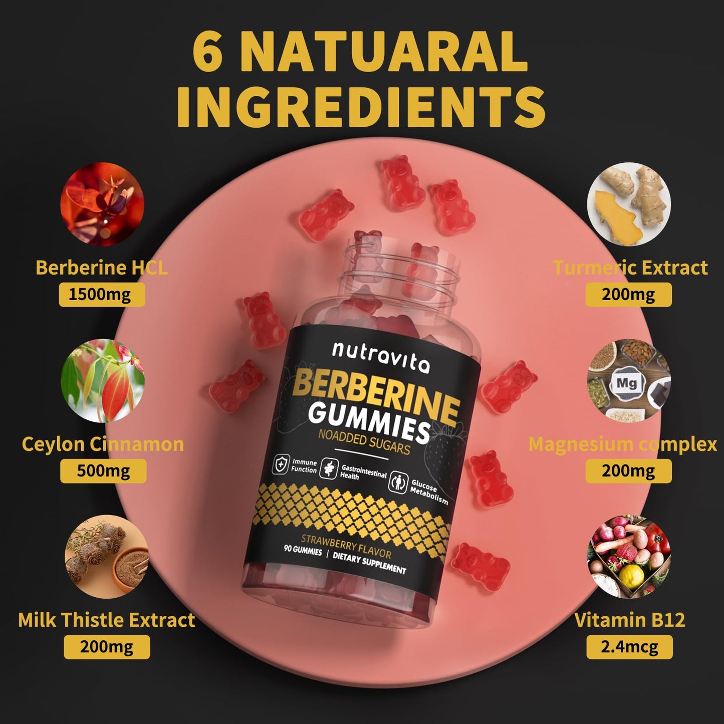 Nutravita Berberine Gummies 1500mg – Sugar Free Strawberry Flavor for Immune & Metabolism Support