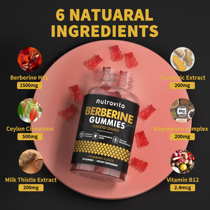 Nutravita Berberine Gummies 1500mg – Sugar Free Strawberry Flavor for Immune & Metabolism Support