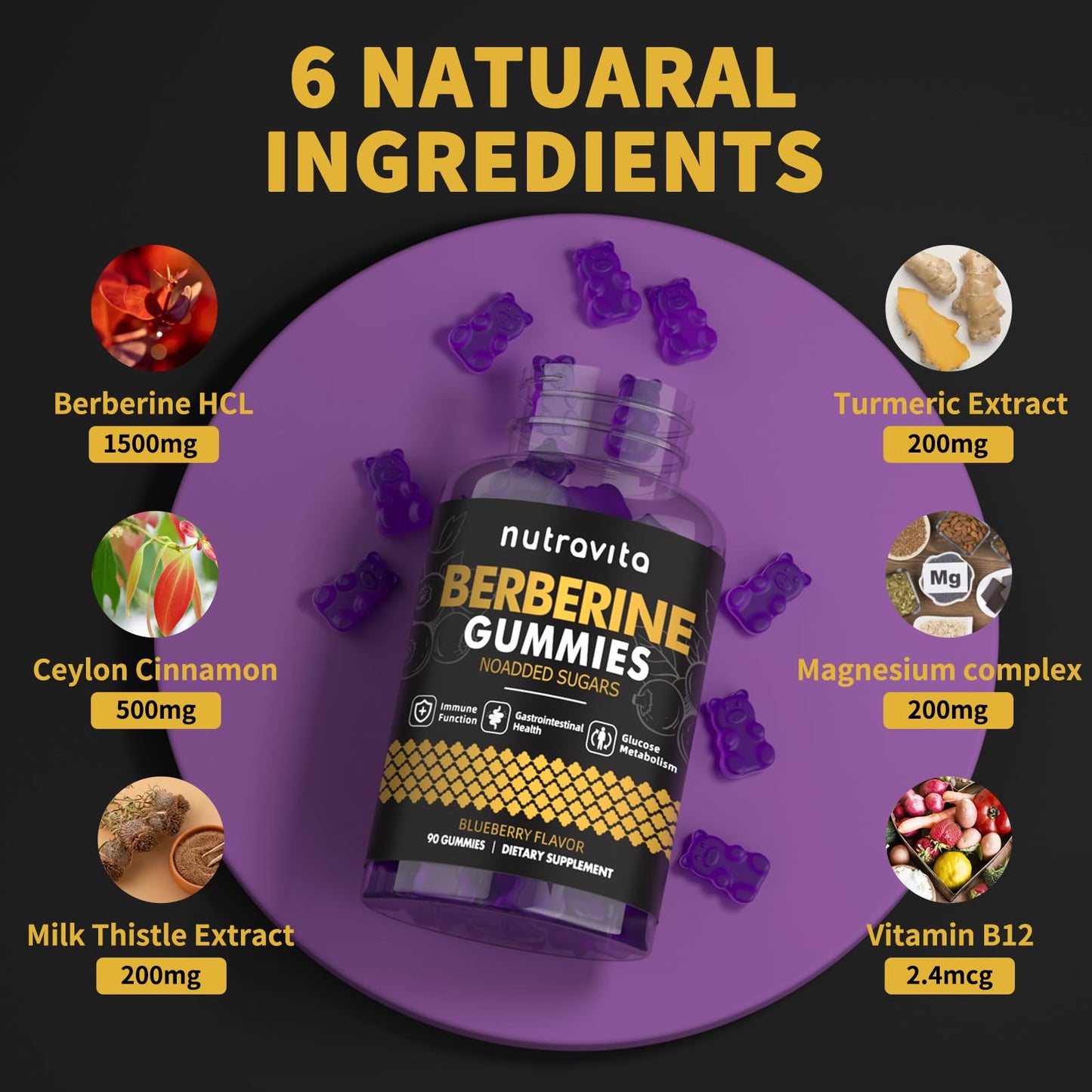Nutravita Berberine Gummies with Ceylon Cinnamon - 1500mg Berberine HCl | Immune & Metabolism Support | Sugar Free Blueberry 1 Pack