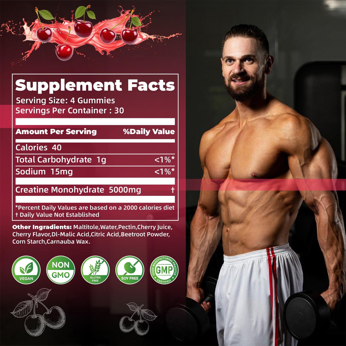 Nutravita Creatine Monohydrate Gummies – 5g per Serving, Vegan, Sugar Free, Cherry, 120 Count