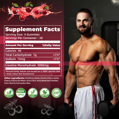 Nutravita Creatine Monohydrate Gummies – 5g per Serving, Vegan, Sugar Free, Cherry, 120 Count