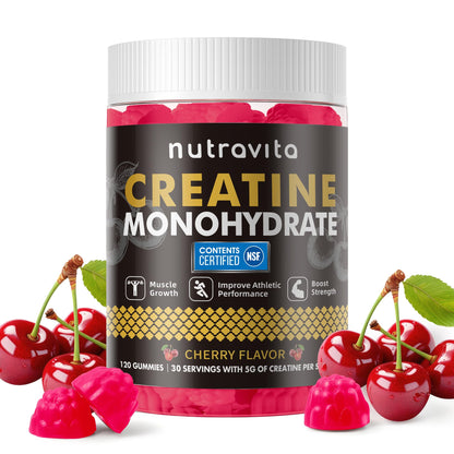 Nutravita Creatine Monohydrate Gummies – 5g per Serving, Vegan, Sugar Free, Cherry, 120 Count