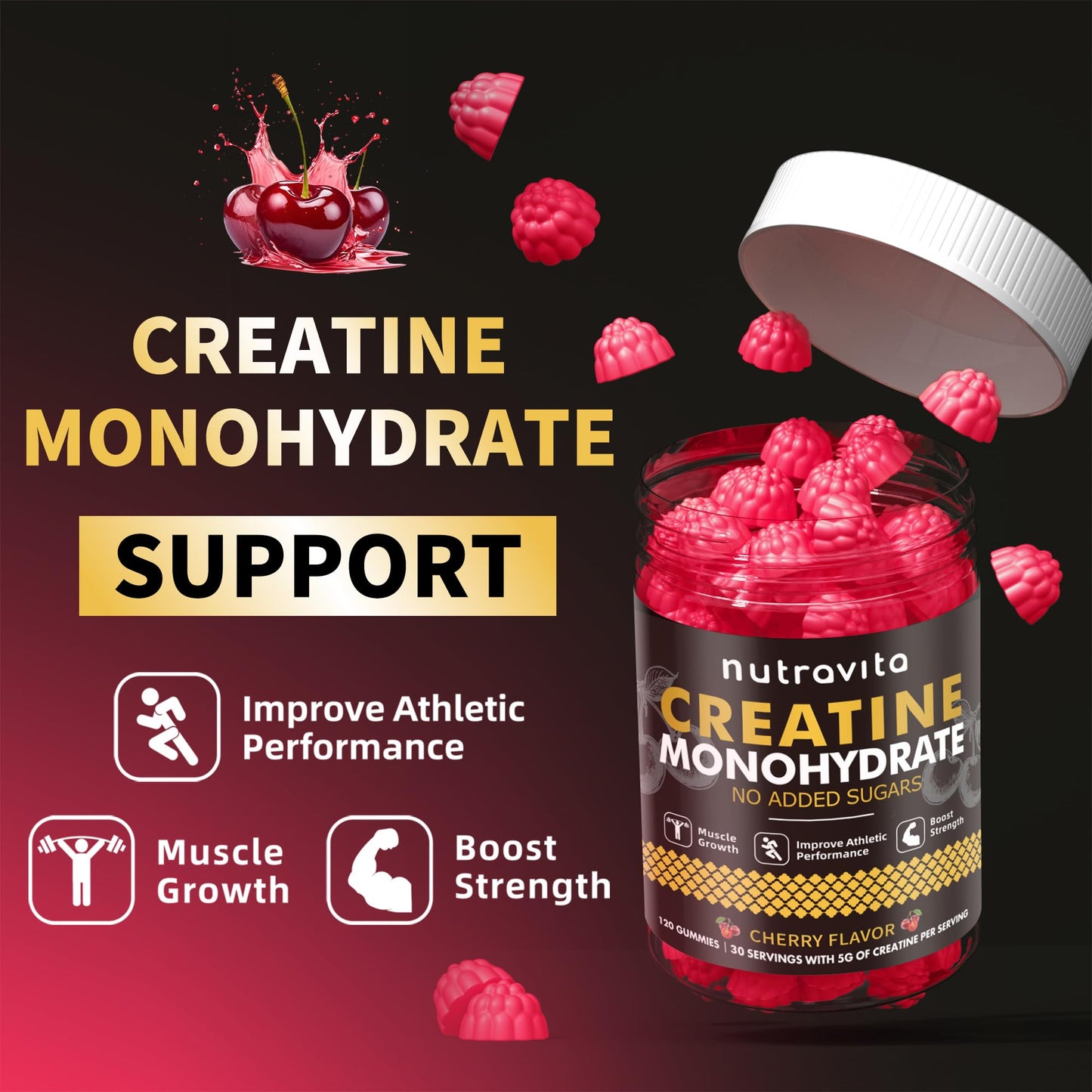 Nutravita Creatine Monohydrate Gummies – 5g per Serving, Vegan, Sugar Free, Cherry, 120 Count