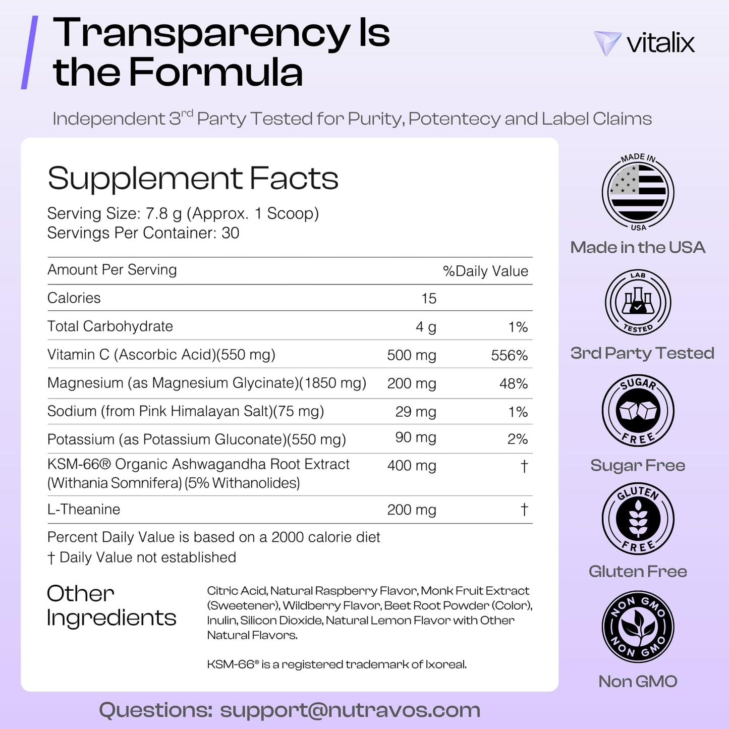 NutraVōs Vitalix – Cortisol Reducer & Adaptogen Drink Mix (Ashwagandha KSM-66, Magnesium Glycinate, L-Theanine) Raspberry Lemonade – 30 Servings