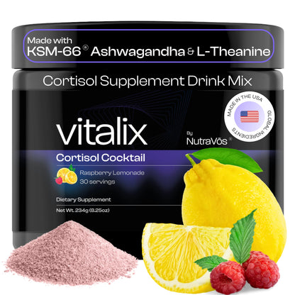 NutraVōs Vitalix – Cortisol Reducer & Adaptogen Drink Mix (Ashwagandha KSM-66, Magnesium Glycinate, L-Theanine) Raspberry Lemonade – 30 Servings