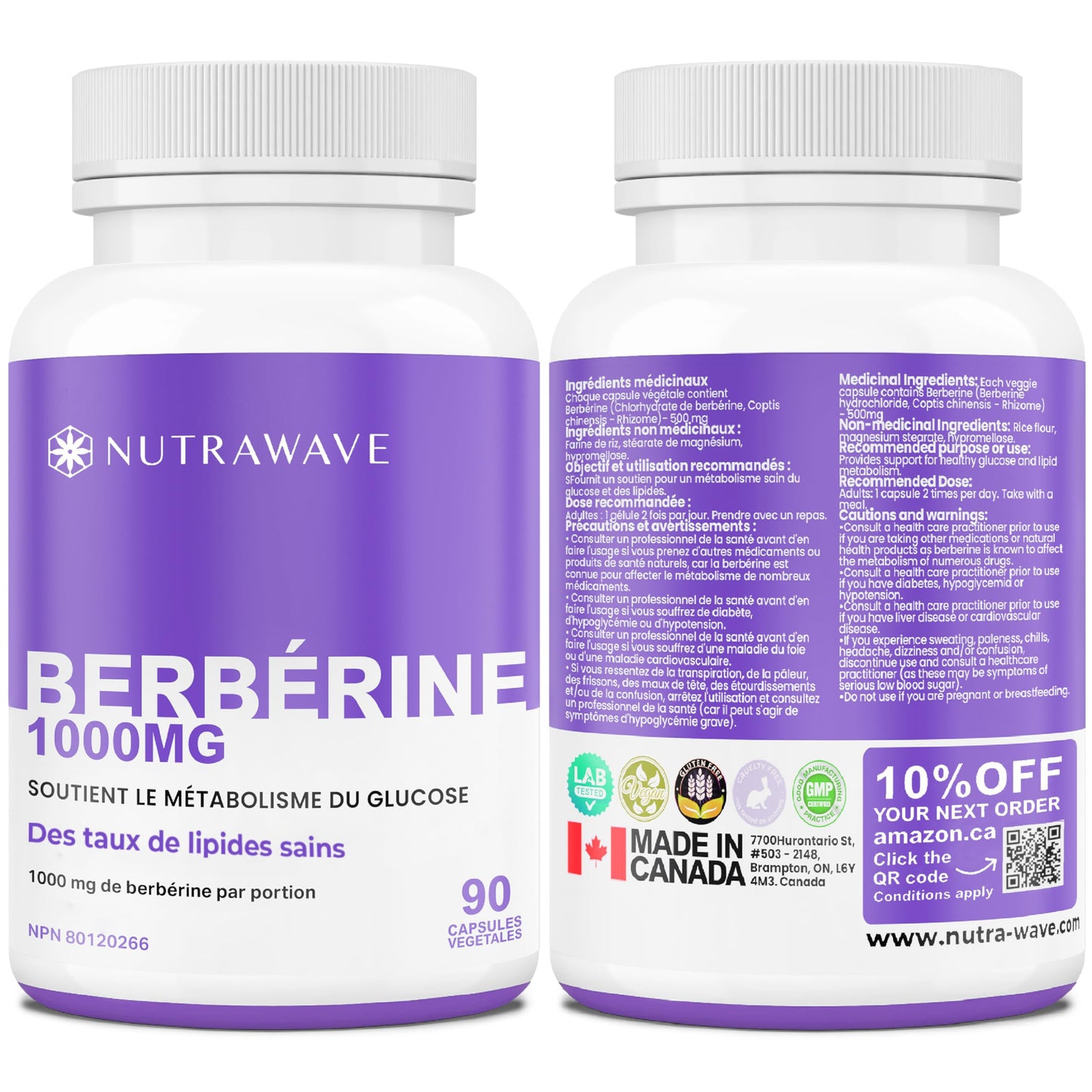 Nutra Wave Pure Berberine Maximum Potency 1000mg per Serving - 2-Pack (Vegan, Non-GMO)