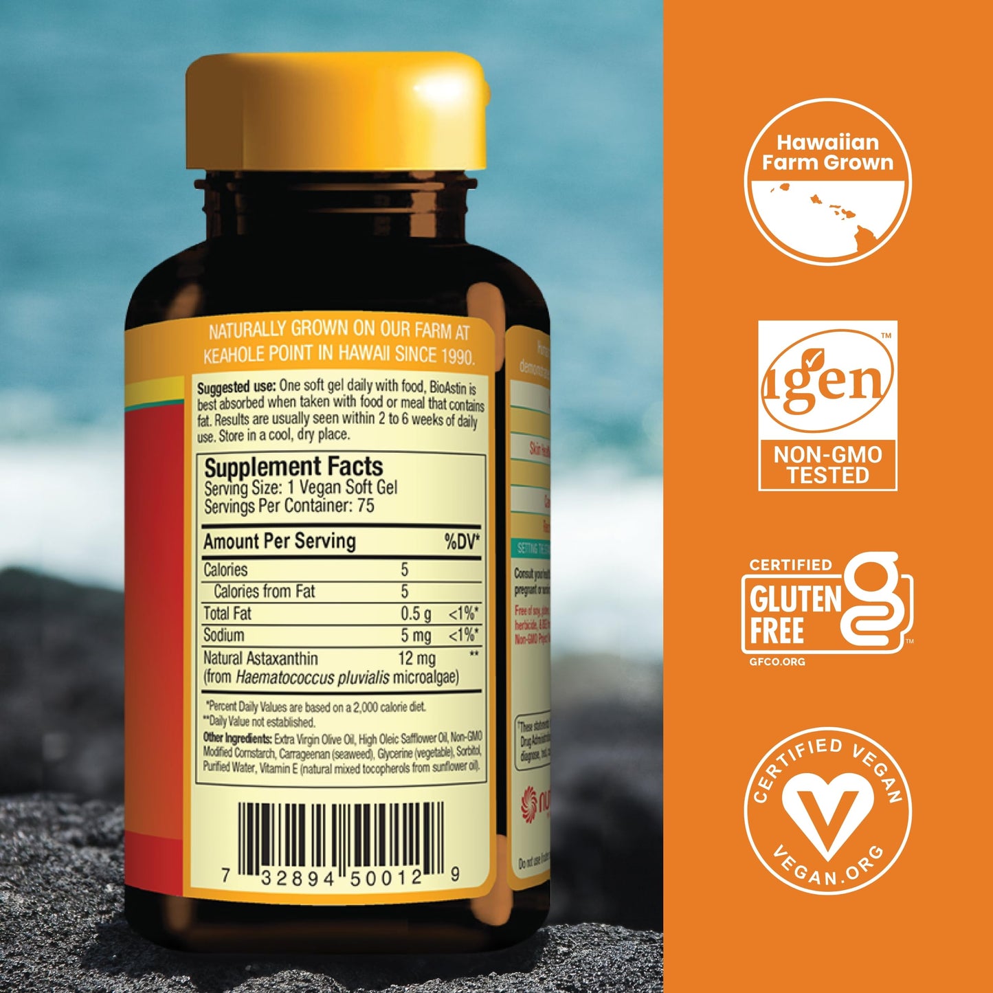Nutrex Hawaii Vegan BioAstin Hawaiian Astaxanthin 12mg – 75 Softgels | Non-GMO & Gluten-Free