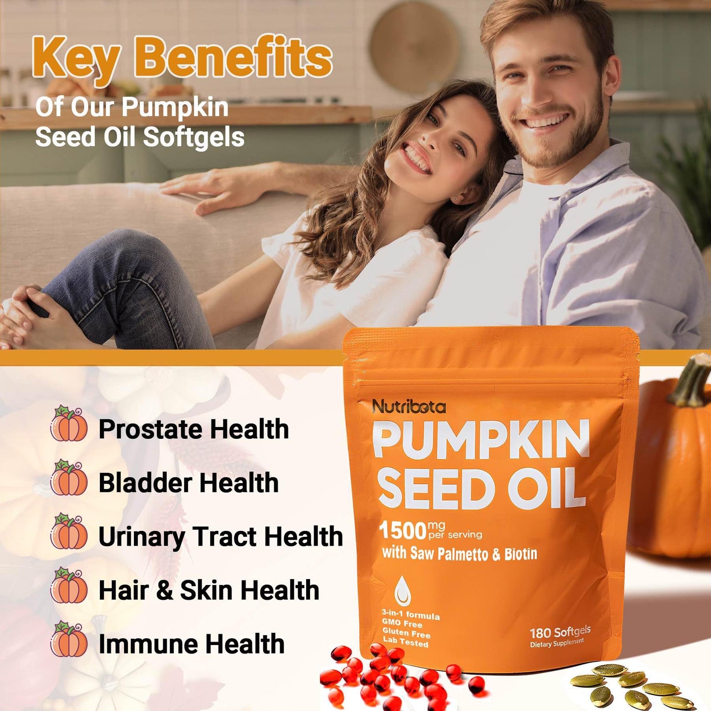 Nutribota Pumpkin Seed Oil Softgels 1500mg - Hair, Prostate & Urinary Health (180 Count)