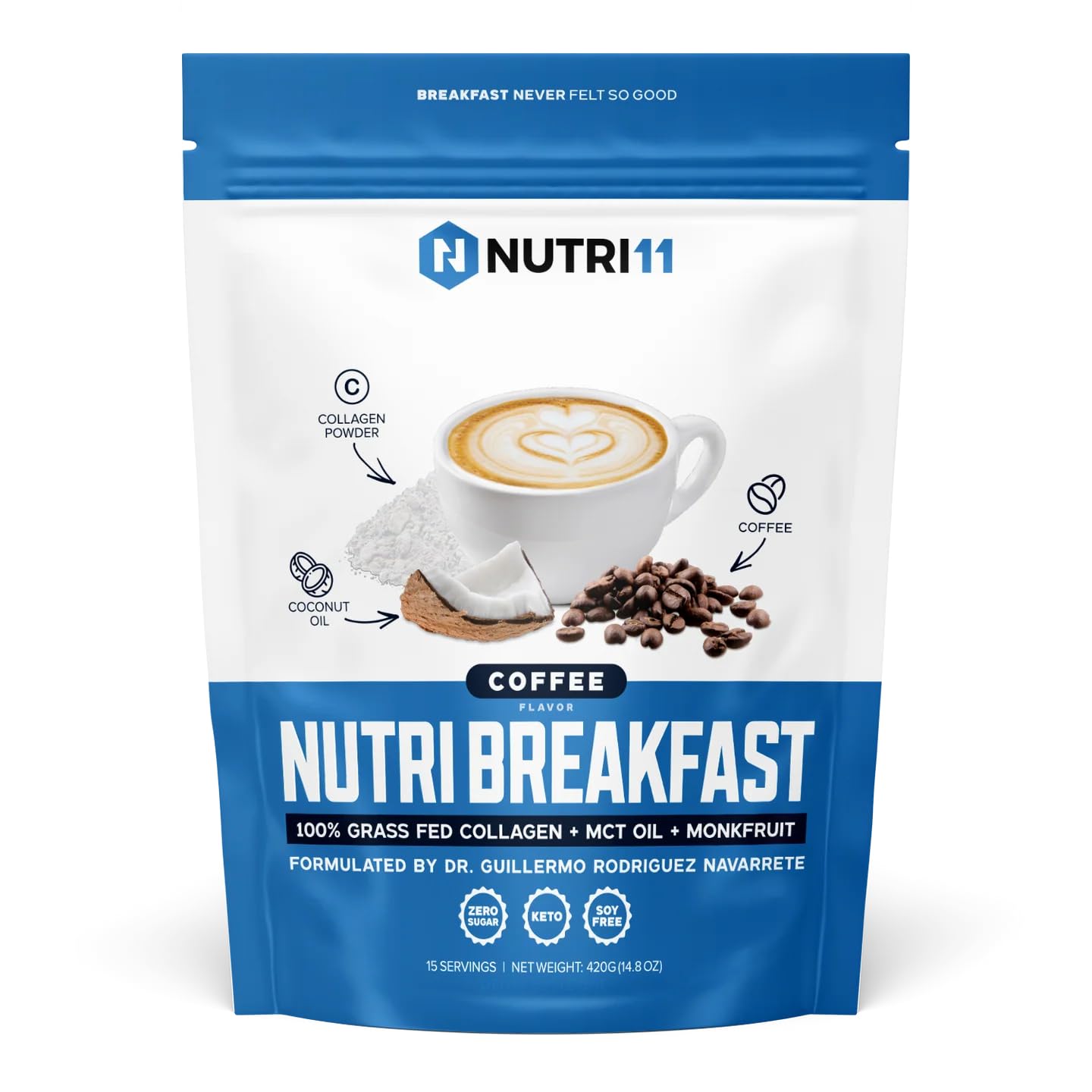 NutriBreakfast by Nutrillermo – Keto Protein Collagen Powder with MCT Oil, Coffee (15.9 oz)