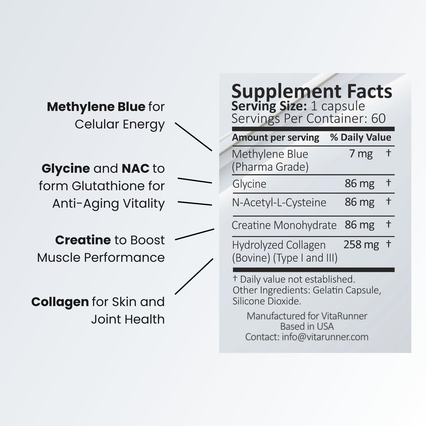 Nutricel GlyNAC Methylene Blue Capsules – 7mg USP, Glycine, NAC, Collagen & Creatine – Made in USA, 60ct