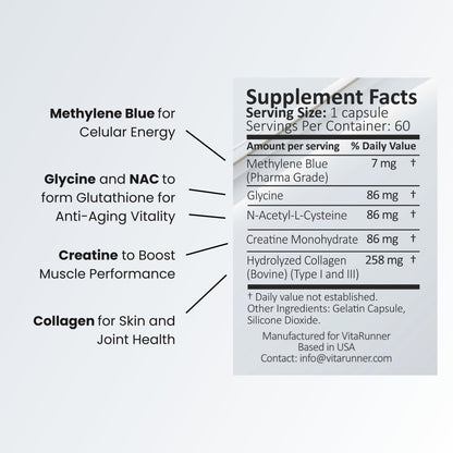 Nutricel GlyNAC Methylene Blue Capsules – 7mg USP, Glycine, NAC, Collagen & Creatine – Made in USA, 60ct