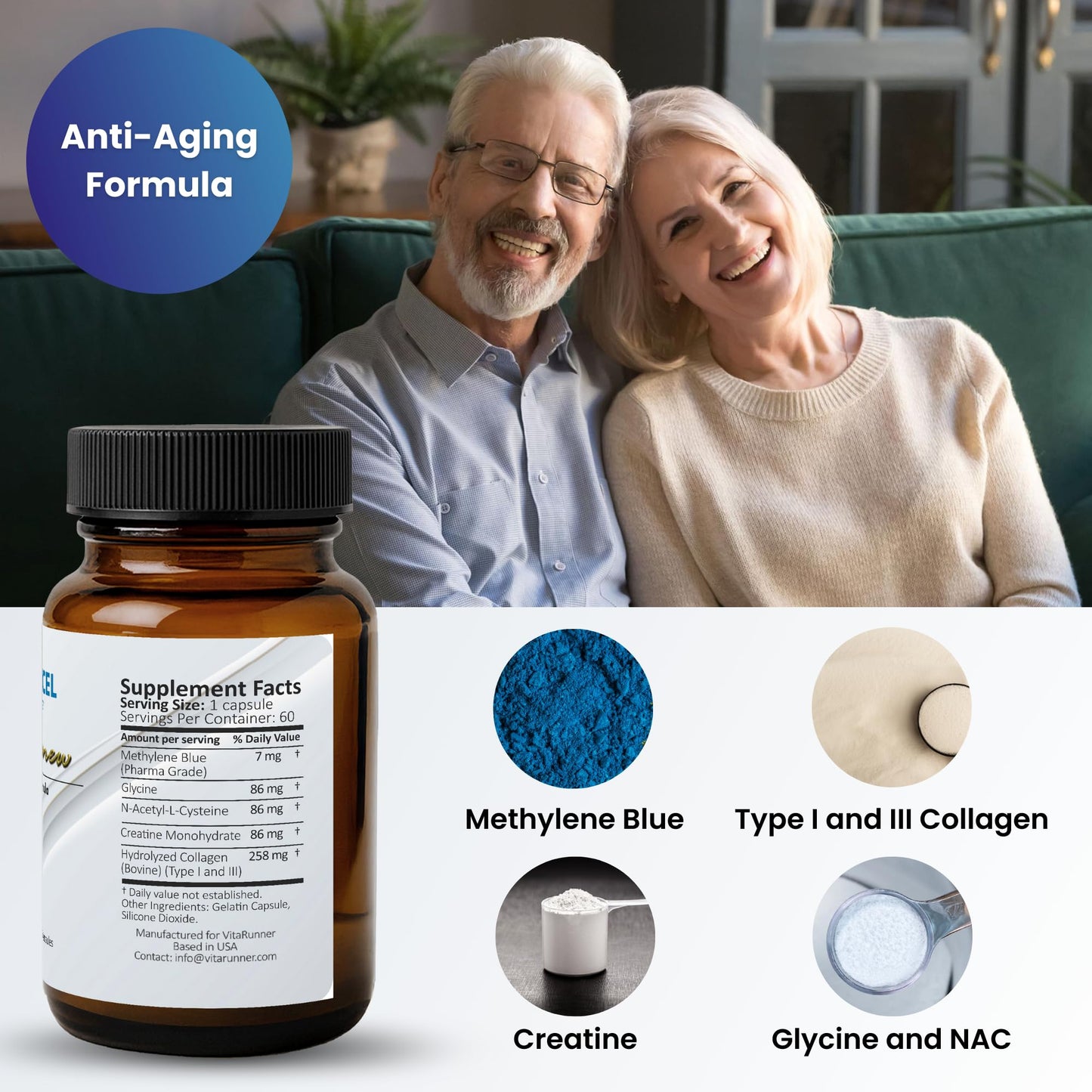 Nutricel GlyNAC Methylene Blue Capsules – 7mg USP, Glycine, NAC, Collagen & Creatine – Made in USA, 60ct
